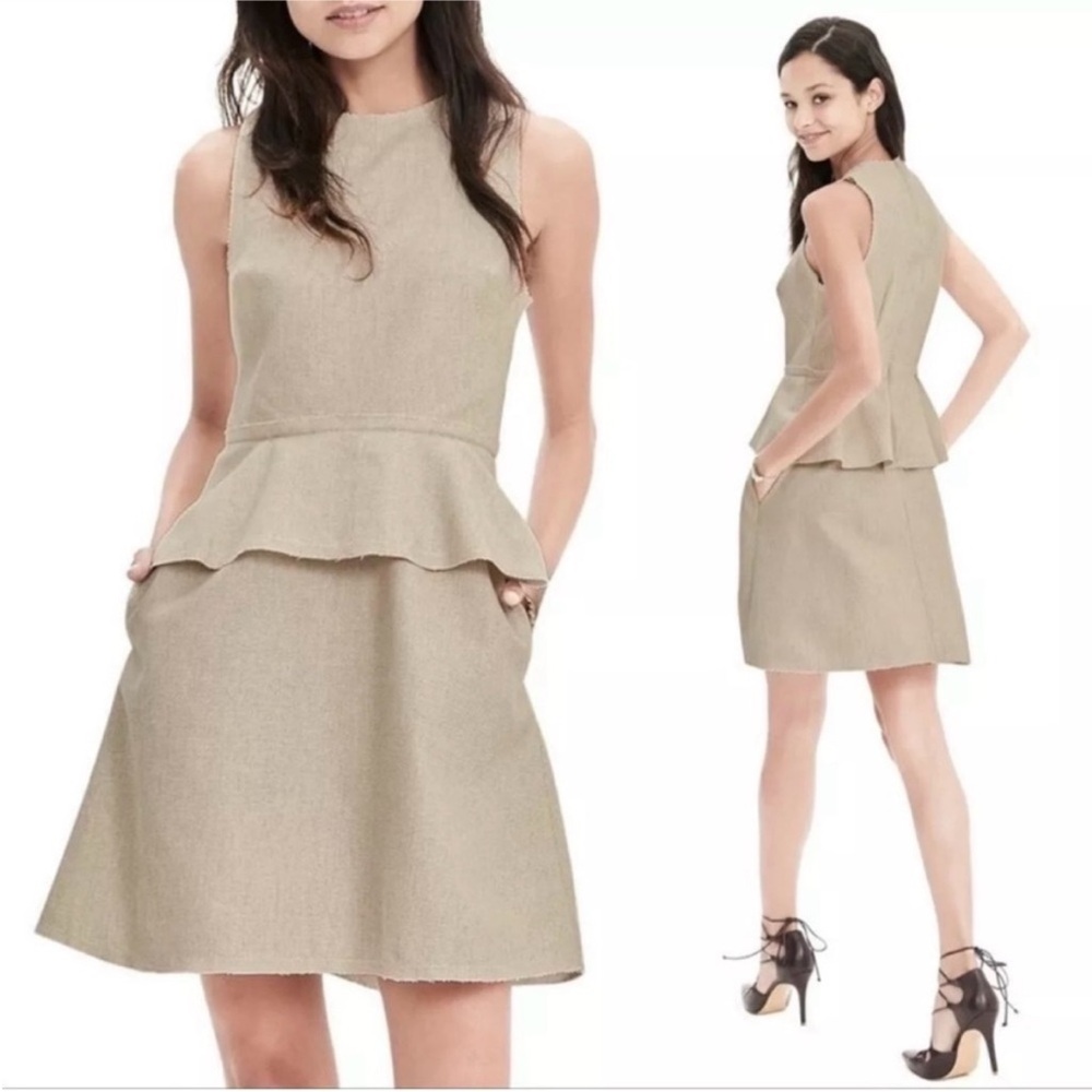 Banana Republic Burlap Linen Peplum Dress Size 4 Neutral Beige Cream Office